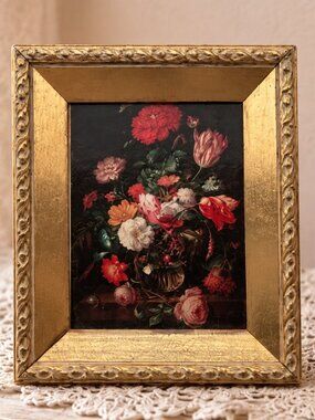 Vintage Miniature Floral Still Life Print‎ Ornate Gold Frame 6x5